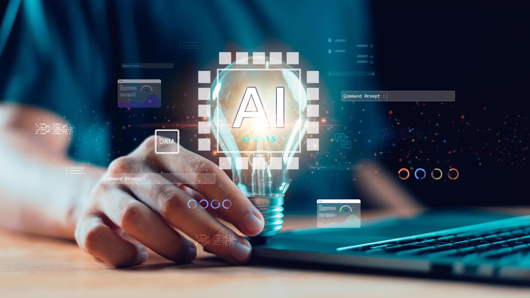 Artificial intelligence concept with bright light bulb, symbol of AI innovation, digital technology, data analytics, and smart solutions. Perfect for IT, business, research, and futuristic design. photo