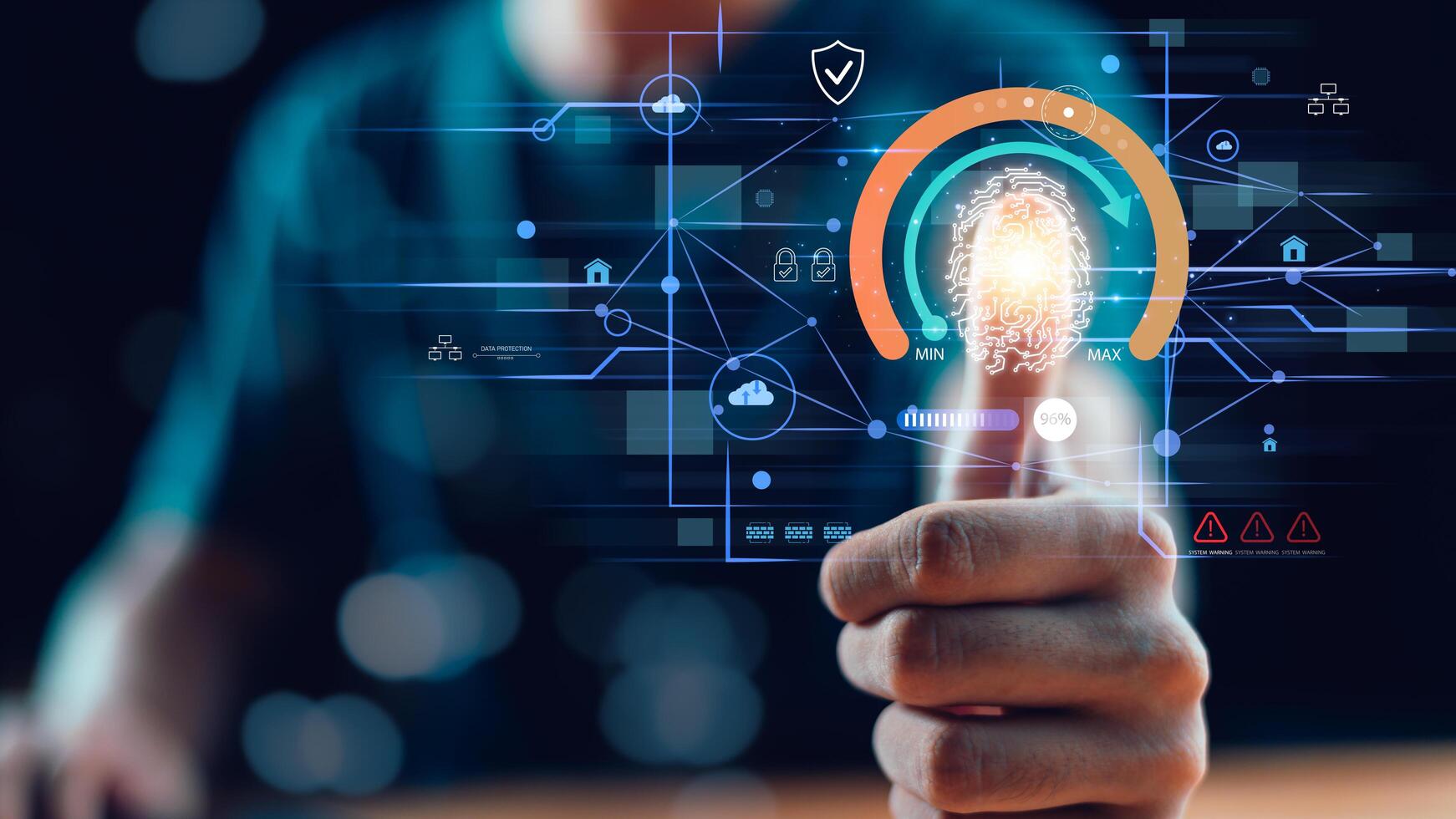 Smart authentication and network protection ensure secure digital transformation, combining biometric access, real-time system alerts, cloud-connected data for cyber safety in modern infrastructure. photo