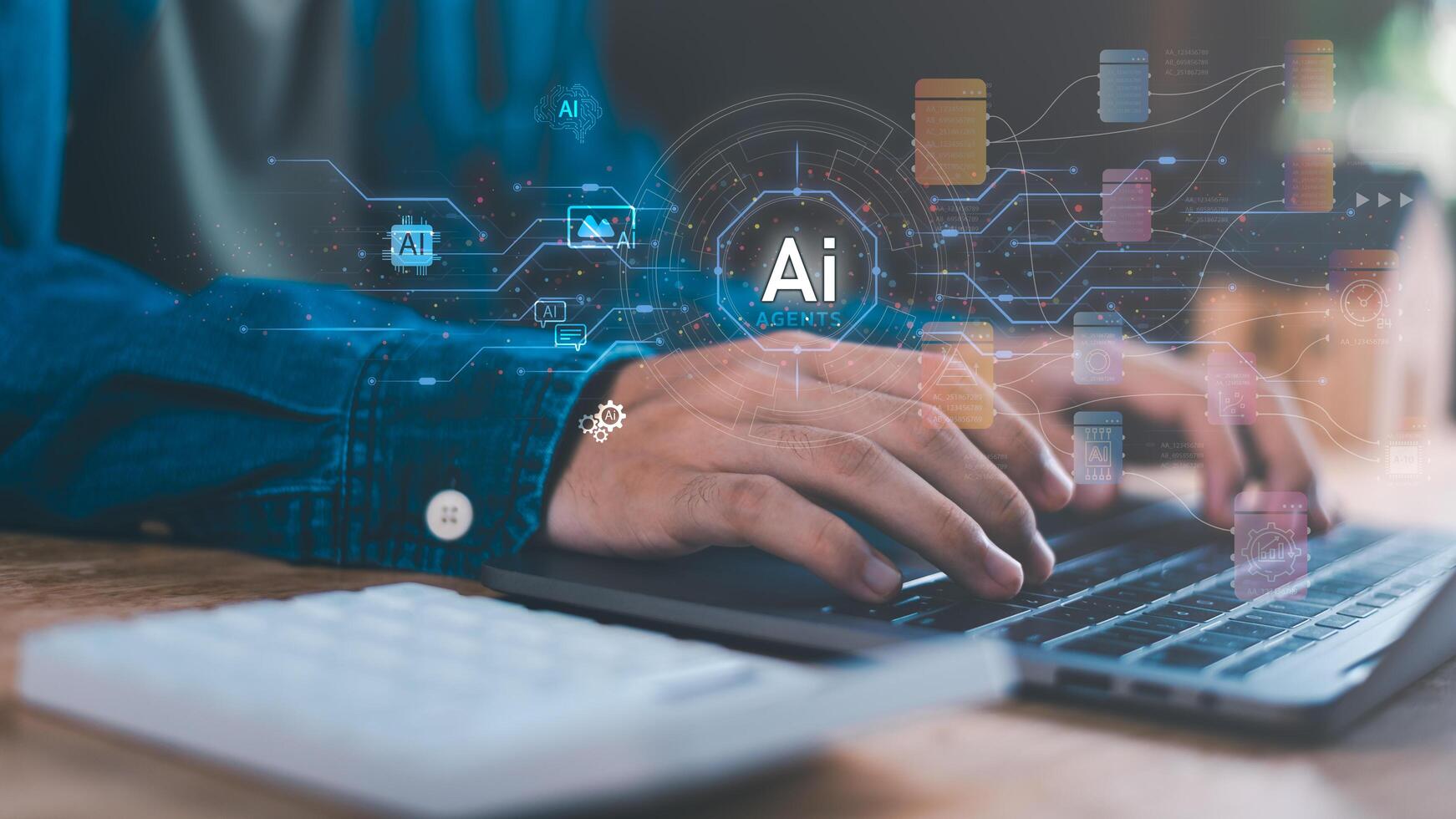 Artificial intelligence agents on laptop screen, digital automation for data analysis, machine learning innovation, smart technology for business solutions, future computing and AI workflow. photo