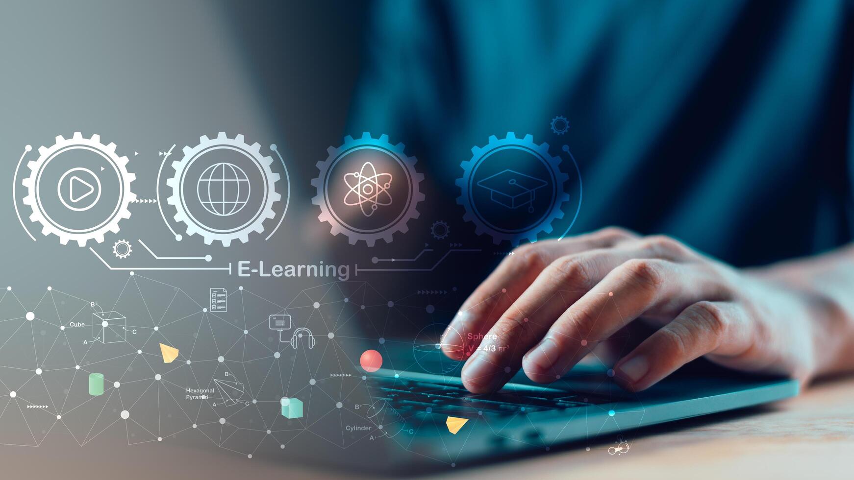 E-learning system with digital technology icons, gears representing science, global access, learning, graduation, highlighting innovation ,smart learning development online education platforms photo