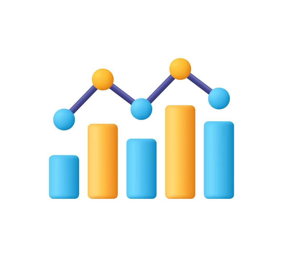 Bar chart with blue and yellow columns and a line graph with data points. Financial stock market, data analysis, business and statistics concept. 3d icon. Cartoon minimal style. vector