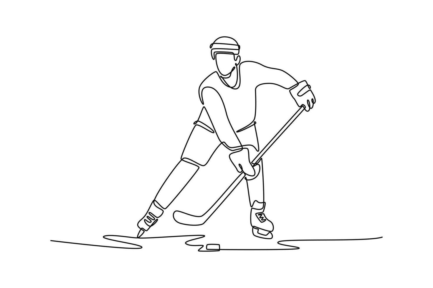 Continuous one line drawing attractive man ice hockey player is stick handling puck, symbolize athletic skill, speed, energetic action of the game. Single line draw design graphic illustration vector