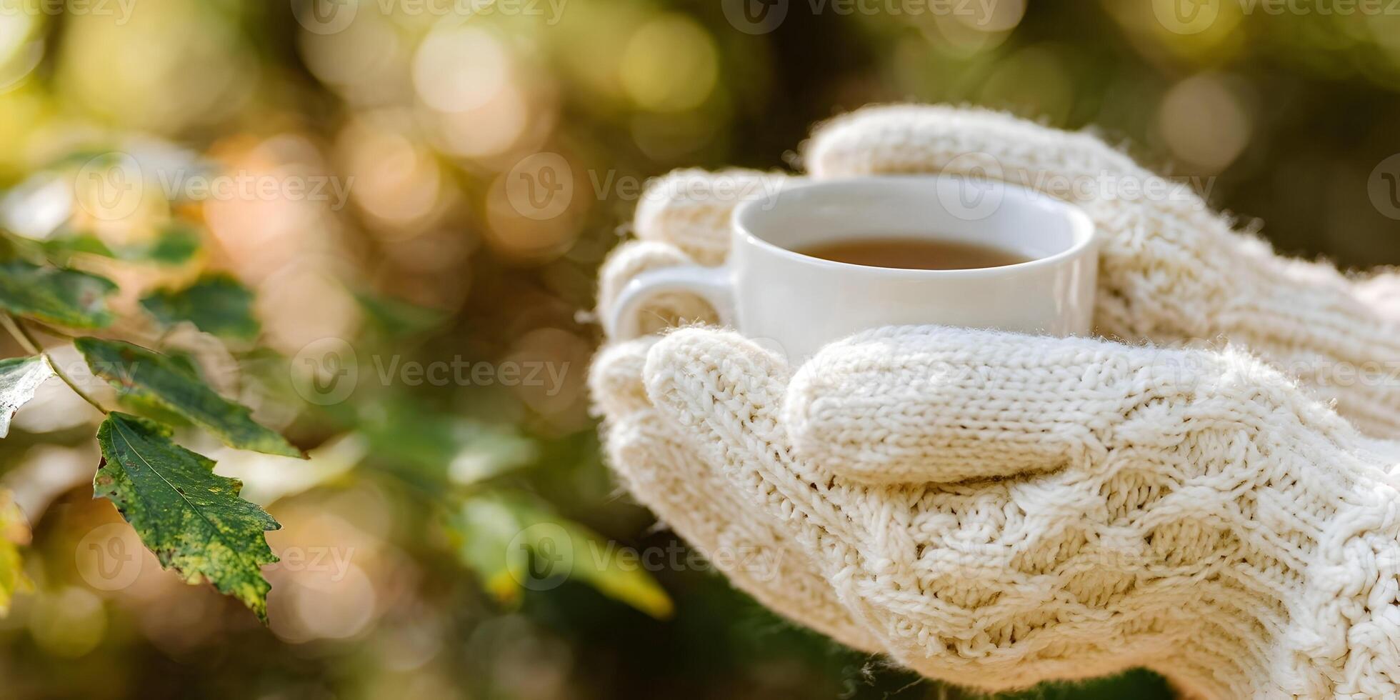 calentar manos en de punto guantes sostener un jarra de caliente té al aire libre foto