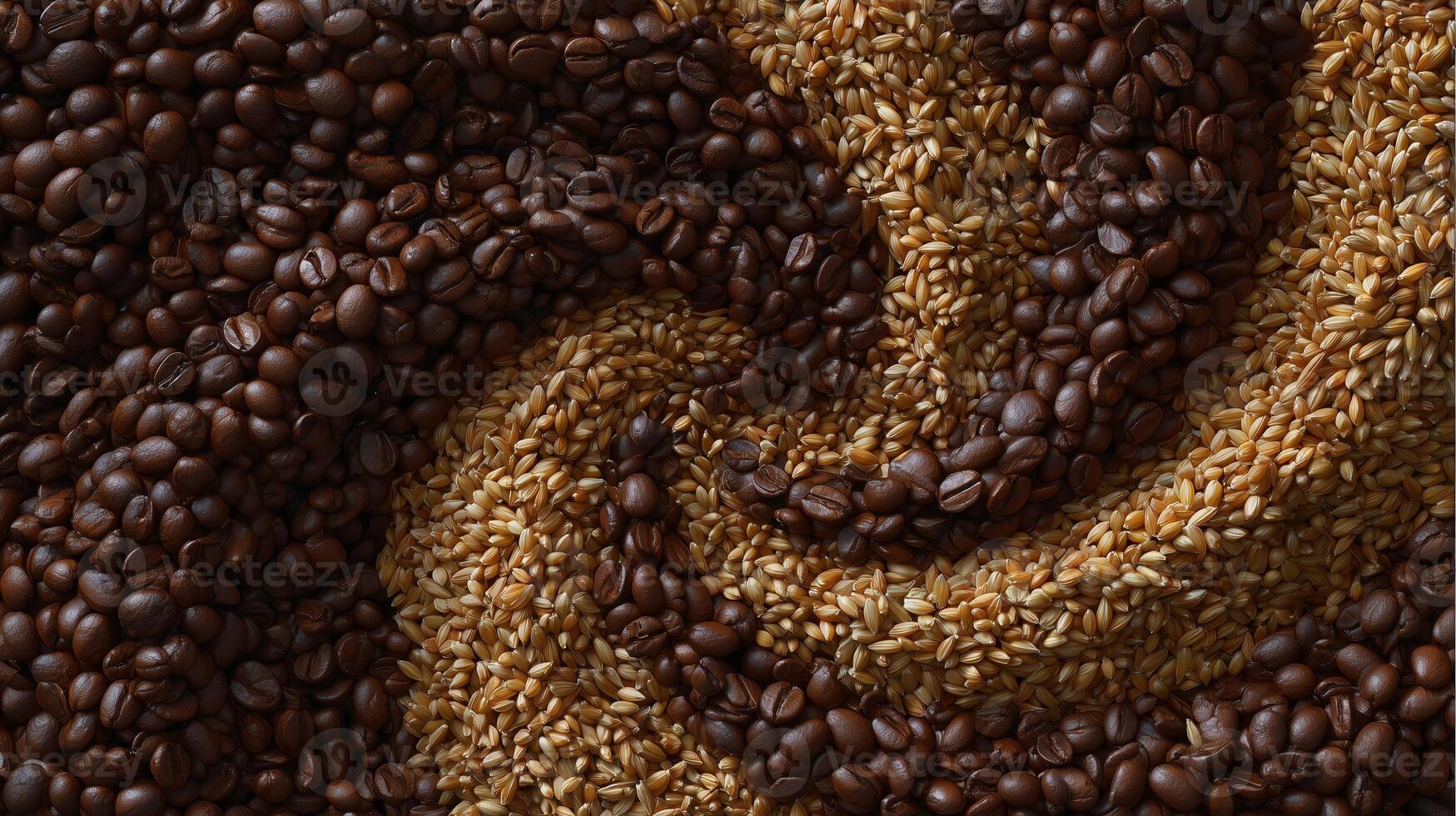 Coffee beans and grains create a swirling pattern in a close-up view of assorted seeds on a textured surface photo