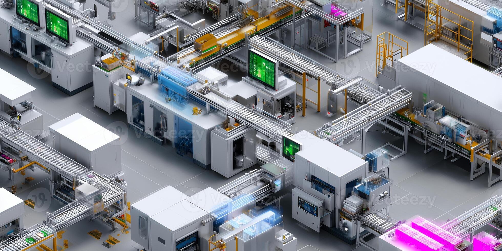 Modern automated factory layout displaying advanced machinery and conveyor systems in operation photo
