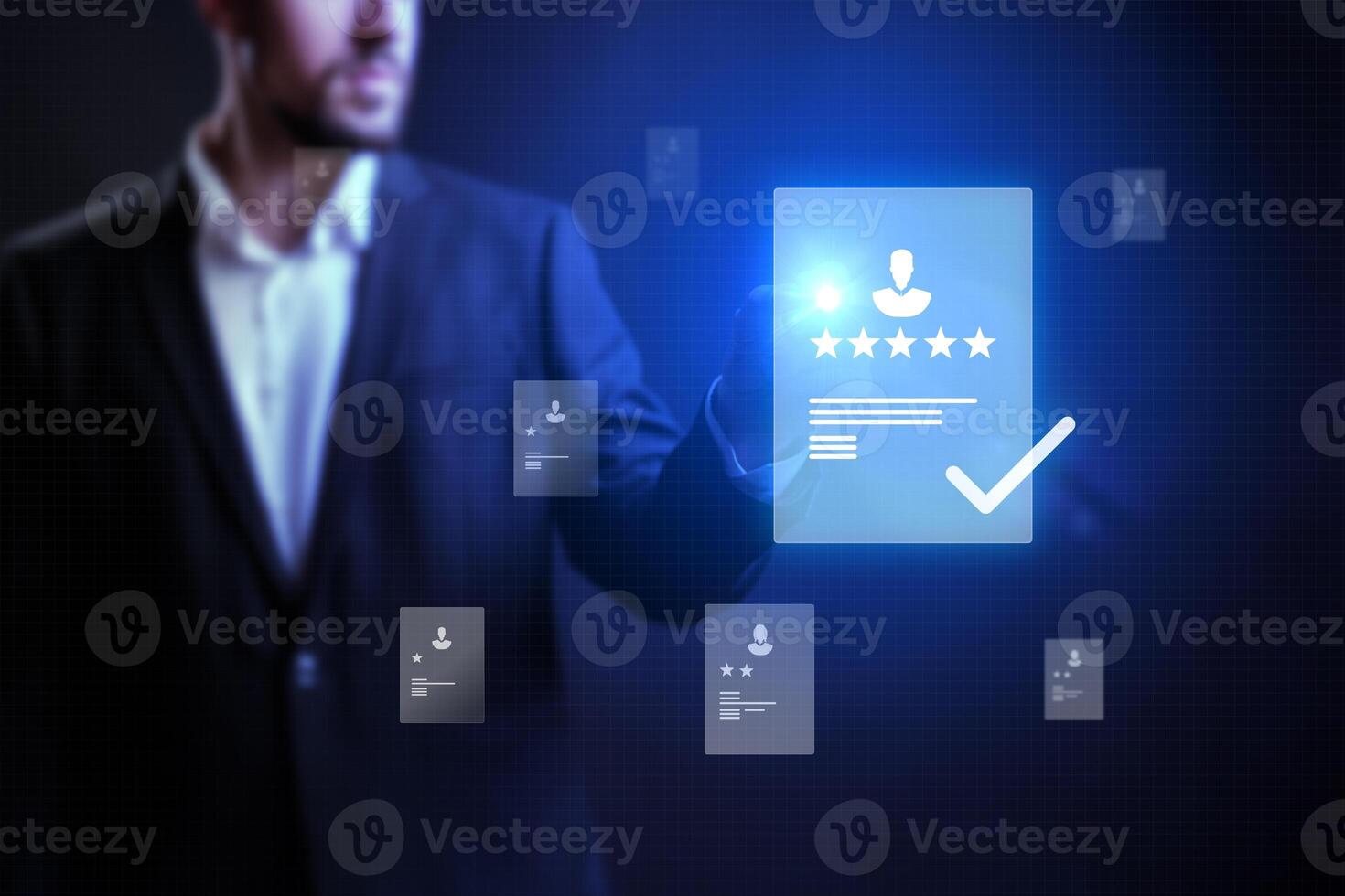 Expert evaluating digital reviews and ratings in a modern virtual interface during evening hours photo