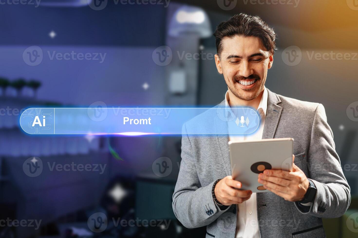 Man using tablet to explore artificial intelligence applications in a modern office setting during daytime photo