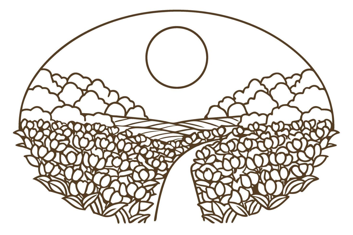 Sun over blooming tulip field with winding path, linear landscape drawing for coloring or design vector