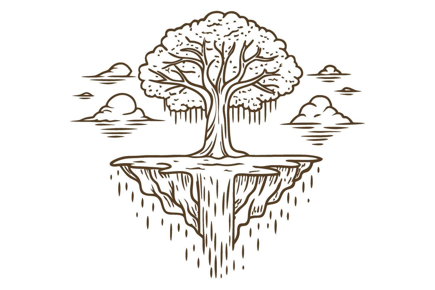 Majestic tree with widespread roots on floating island surreal fantasy landscape, isolated nature scene, cascade elements vector
