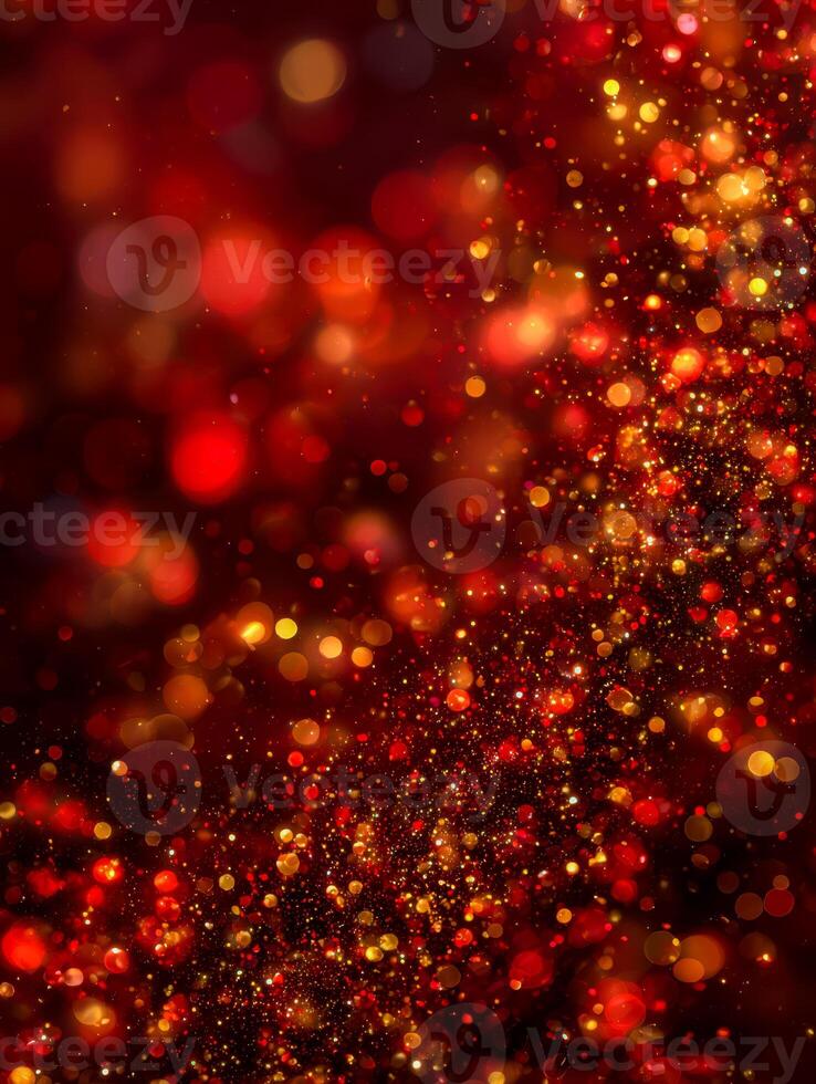 festivo resplandor de rojo y oro bokeh luces con espumoso partículas foto