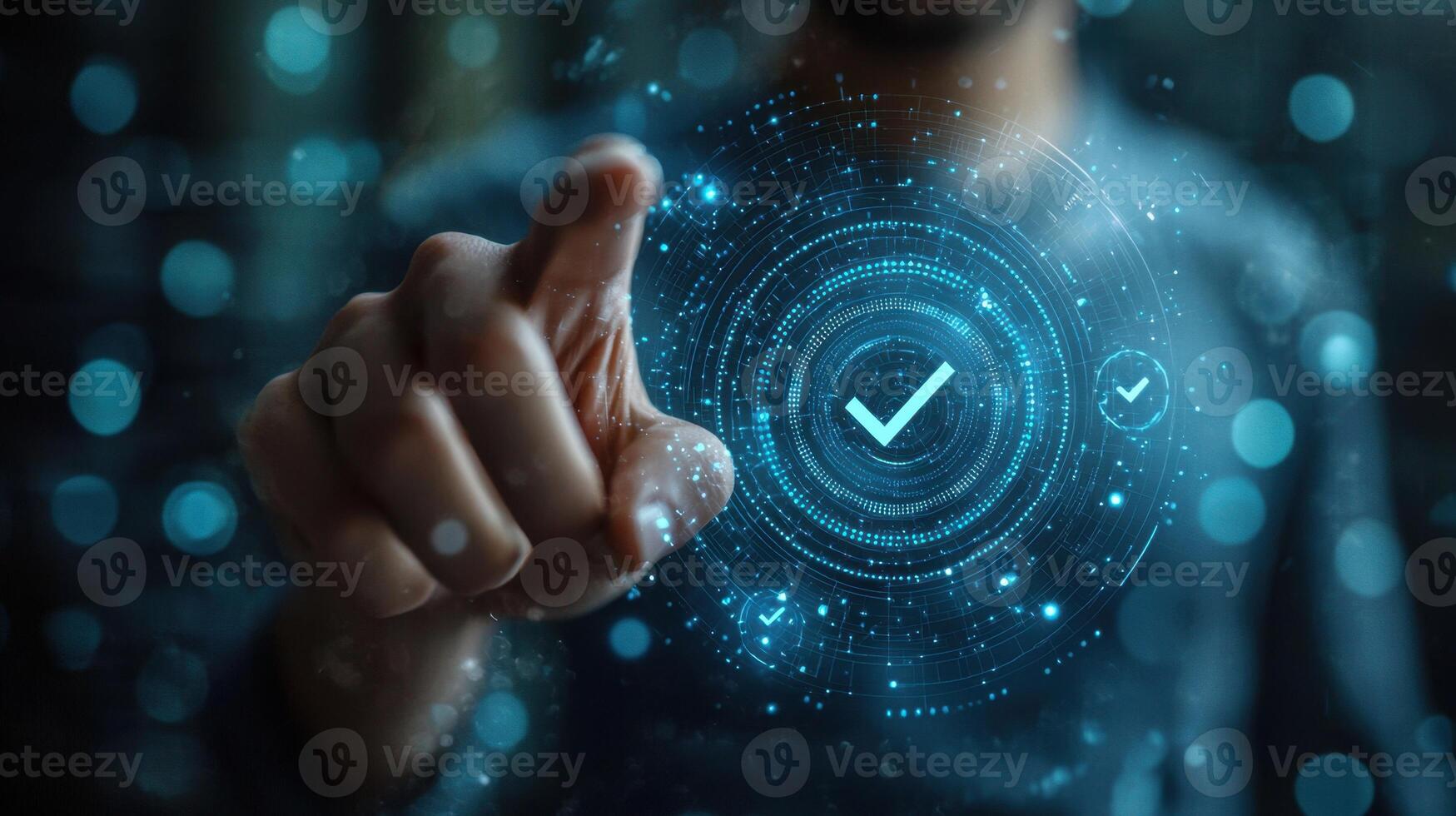 Digital verification and secure checkmark procedure in a futuristic technology interface photo