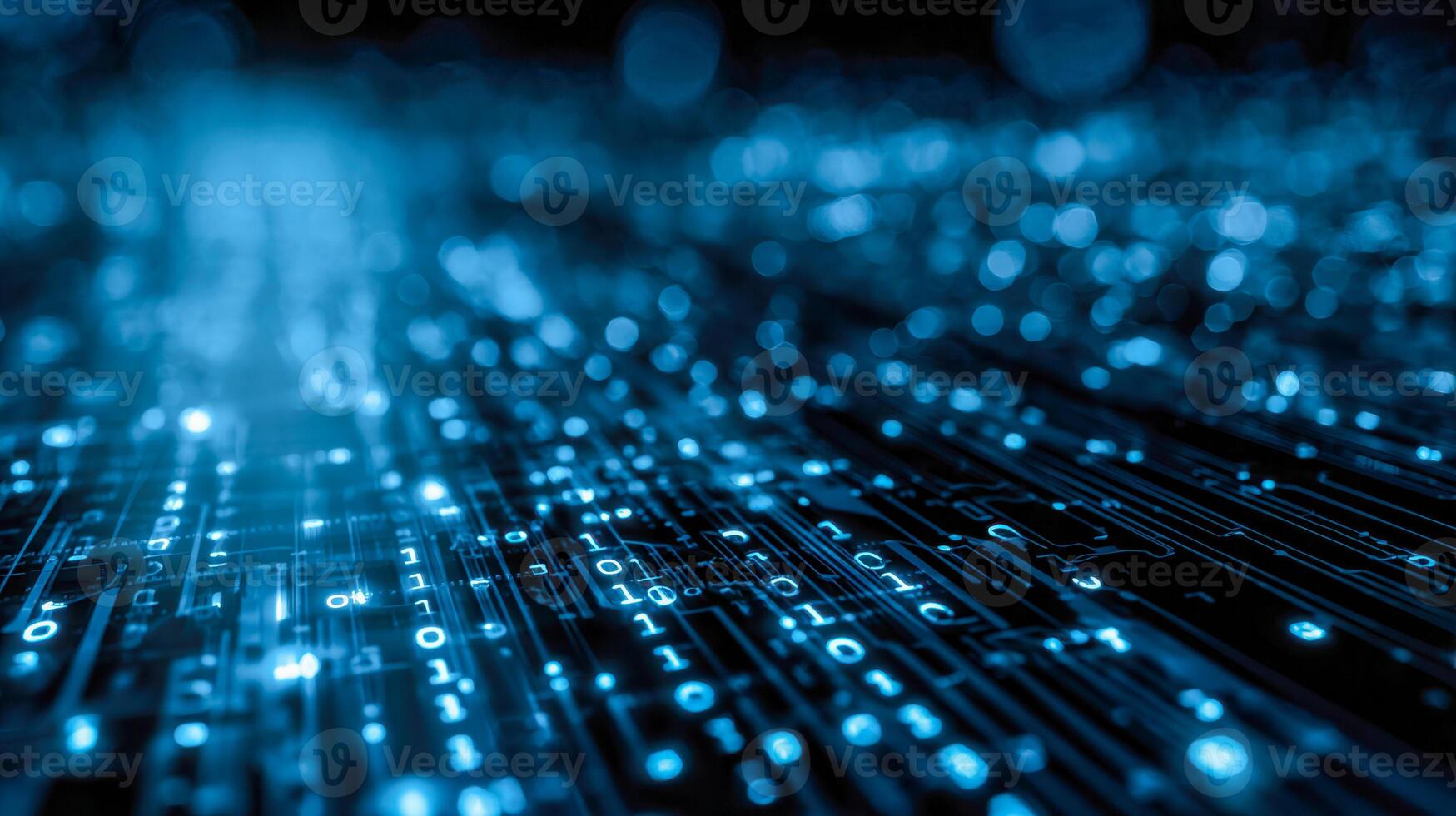 Digital data stream with glowing binary code and circuitry elements photo