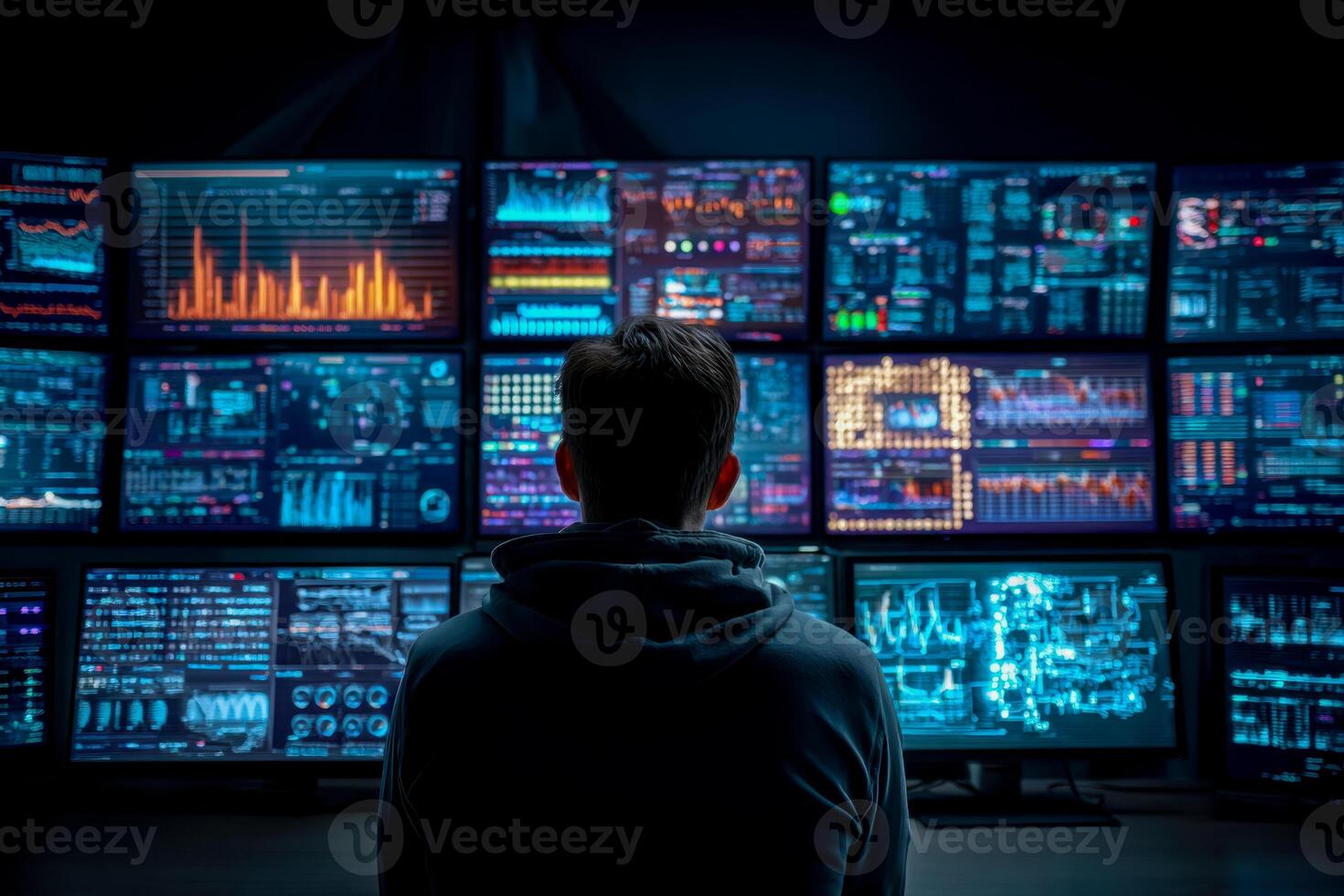 Person monitoring multiple digital data screens in a high-tech control room photo