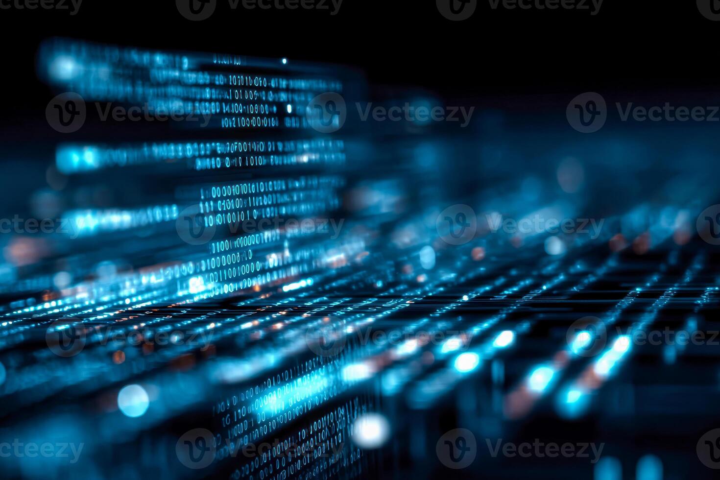 Digital data stream and binary code visualization in a high-tech environment photo