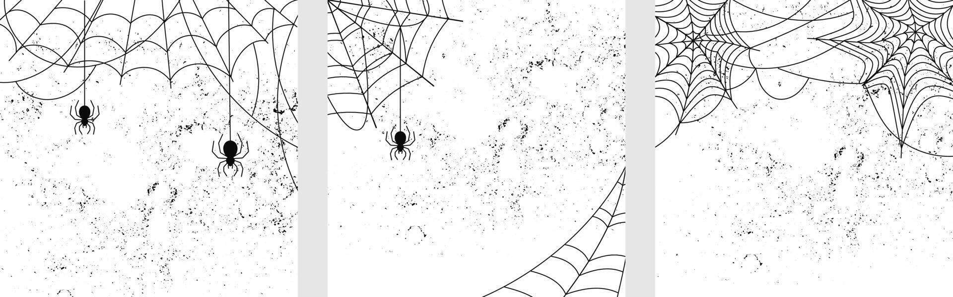 Black Spider Web and spiders, cobweb on white grunge square background set, illustration vector