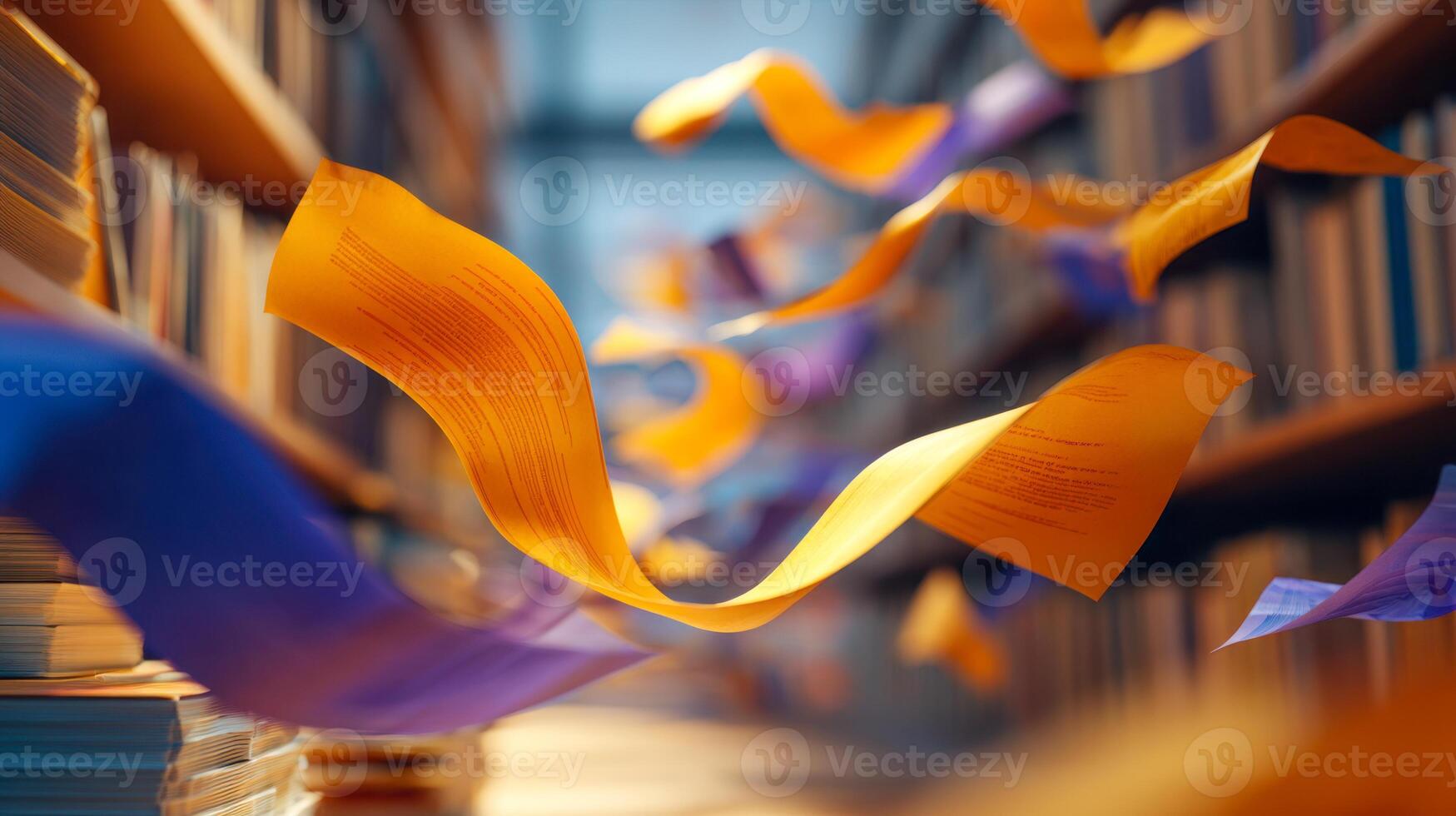 Dynamic scene of colorful papers flying through a library aisle, creating a vibrant and lively atmosphere amidst neatly arranged books and shelves photo