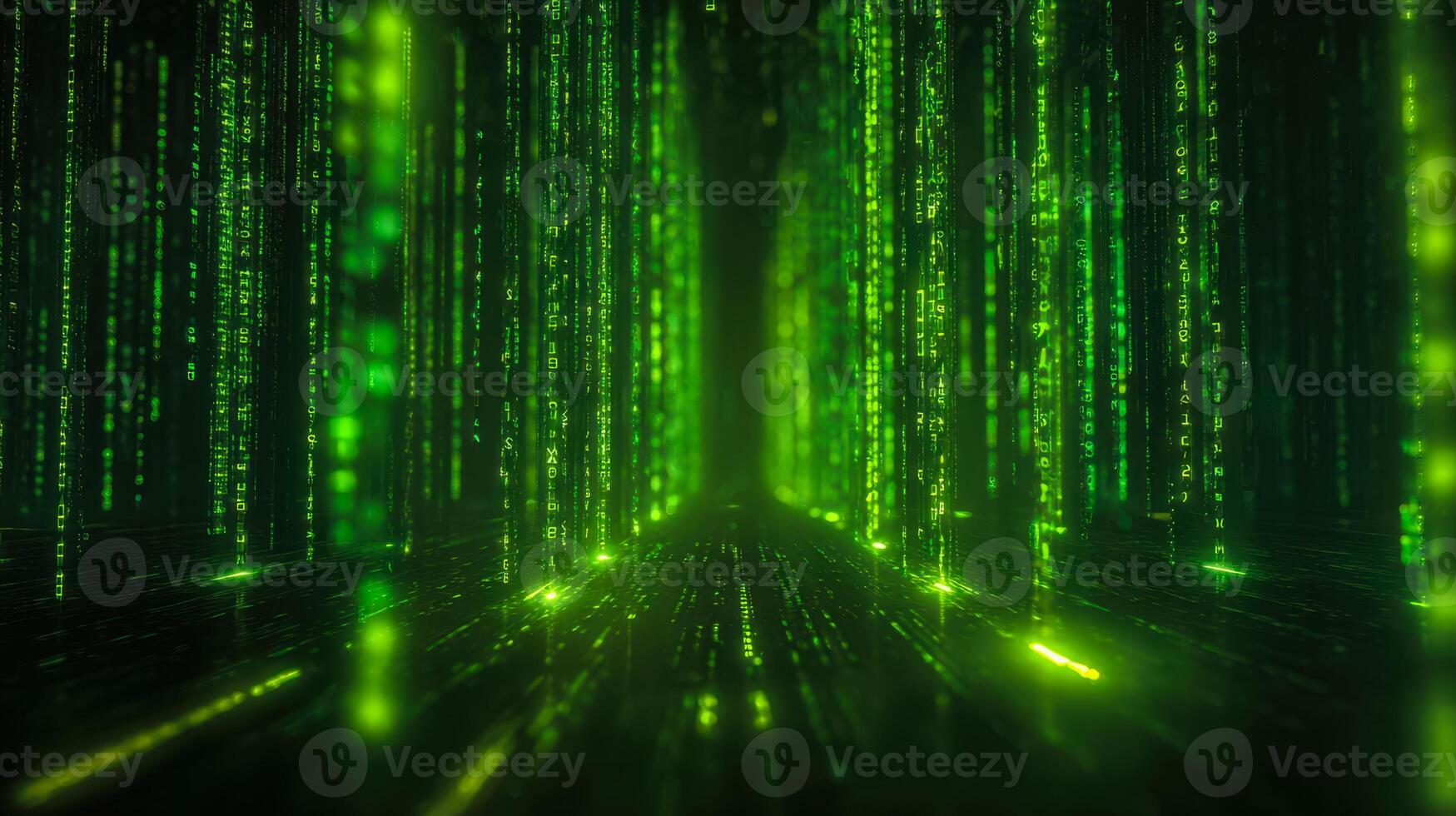 Digital data stream visualization with green binary codes in a futuristic environment photo