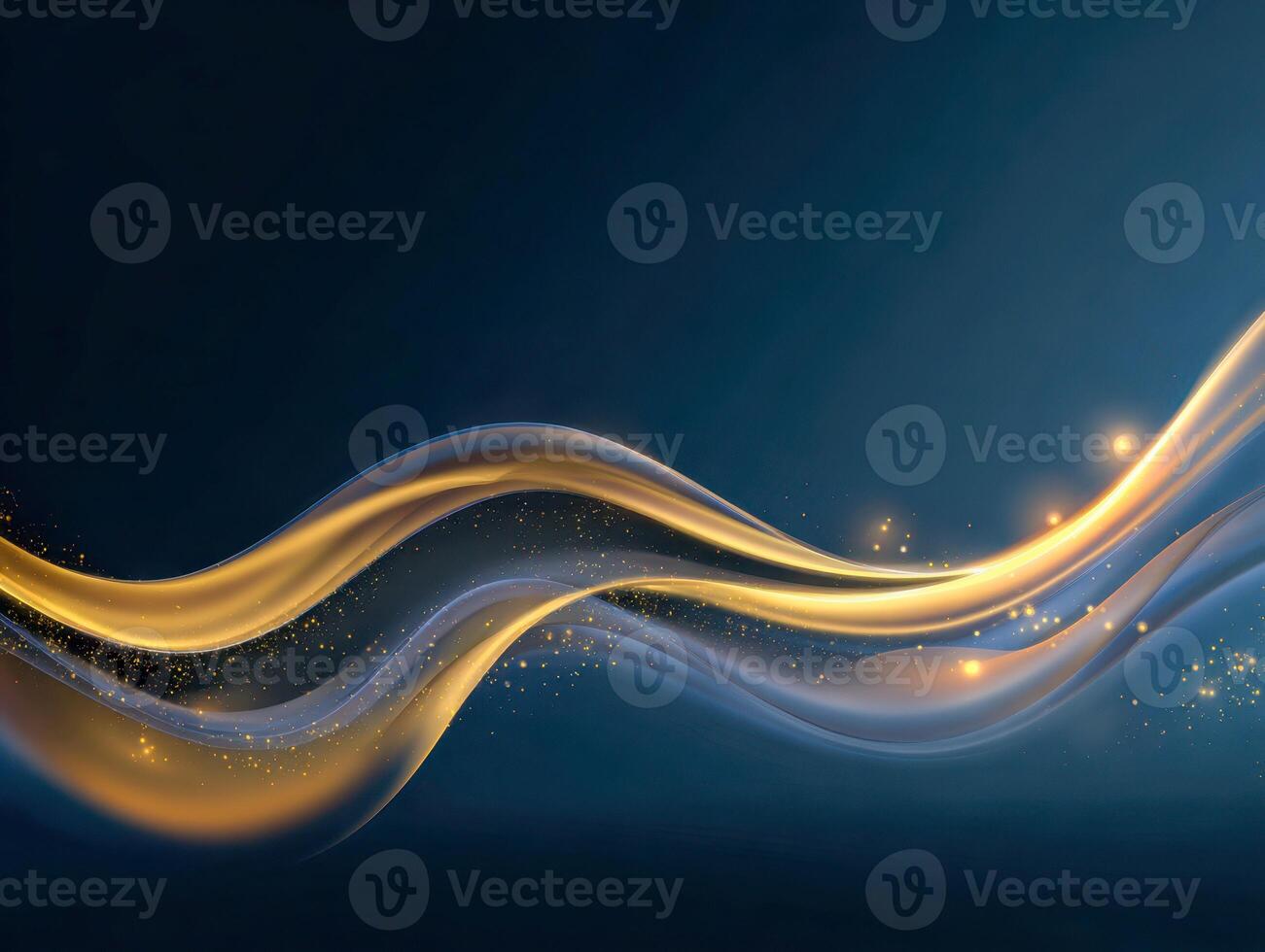 Abstract dynamic wave design featuring glowing golden and white streaks flowing against a deep blue background, enhanced with shimmering particles and light effects for a futuristi photo