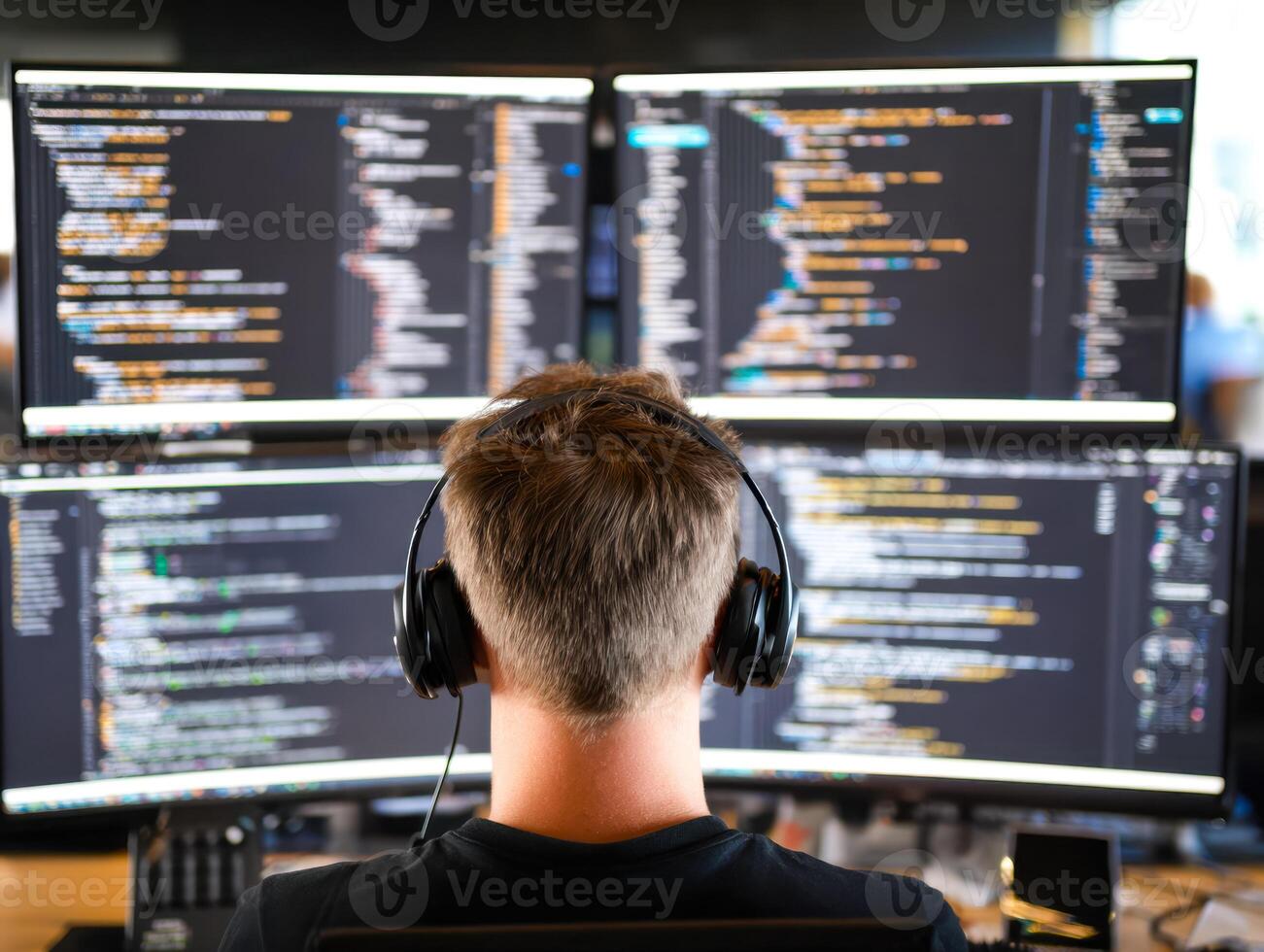 Programmer working with multiple monitors displaying code and data analysis photo