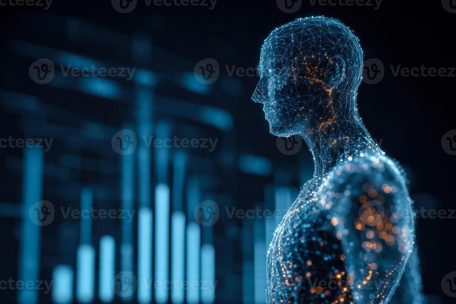 Digital human profile with data visualization elements and futuristic technology background photo