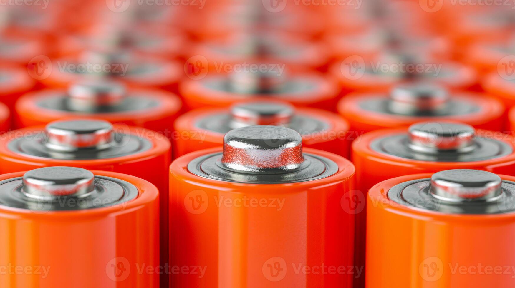 Array of orange cylindrical lithium-ion batteries with metallic tops arranged in a grid pattern photo