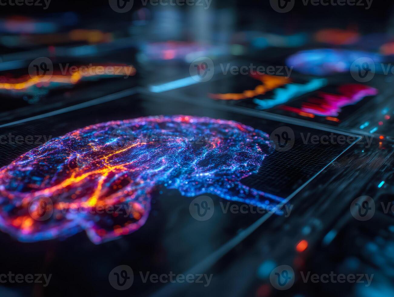 Futuristic digital brain visualization with vibrant neural network data displays photo