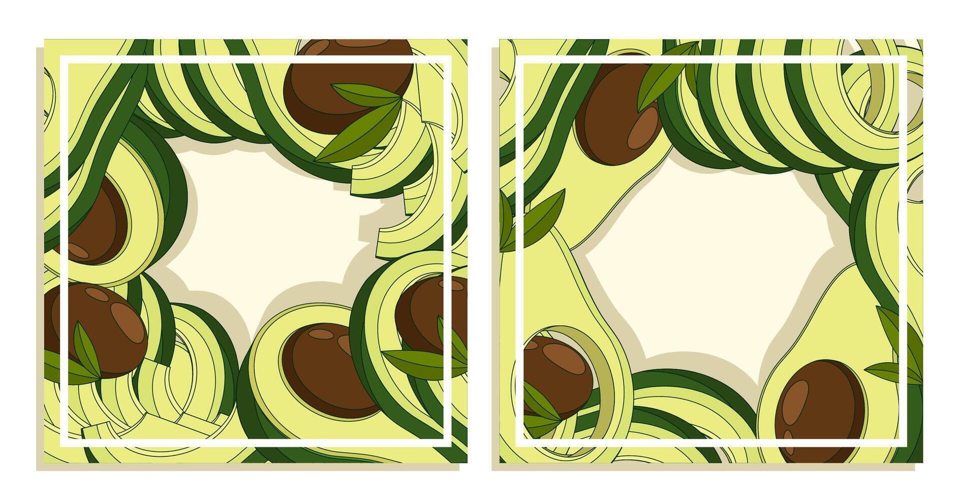 Festive square cards with Avocado cutting set. Avocado wedges and slices, halved and thinly sliced for salads and snacks. Cartoon Image in thin line vector
