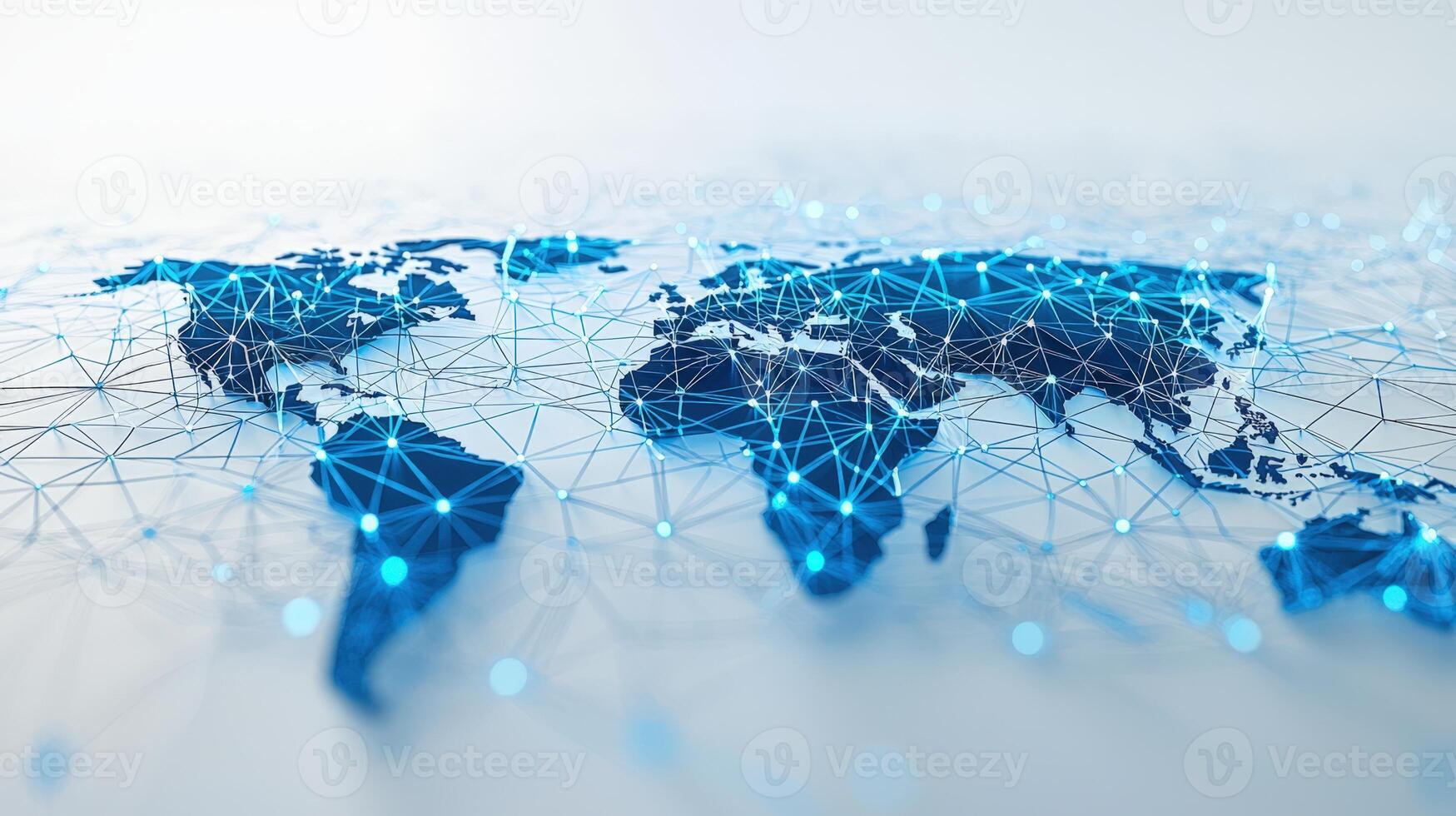 Digital world map with interconnected data network lines, technology and global connectivity concept photo