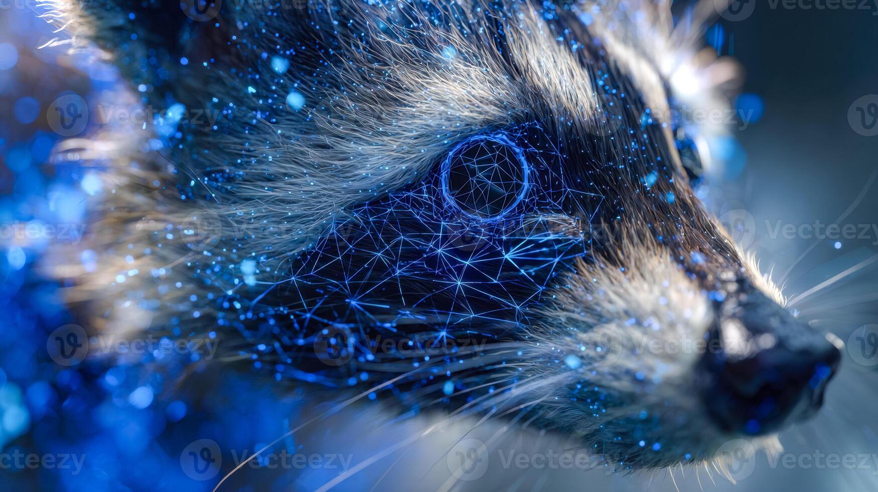 Digital rendering of a raccoon's face combining biological features with a futuristic network design photo