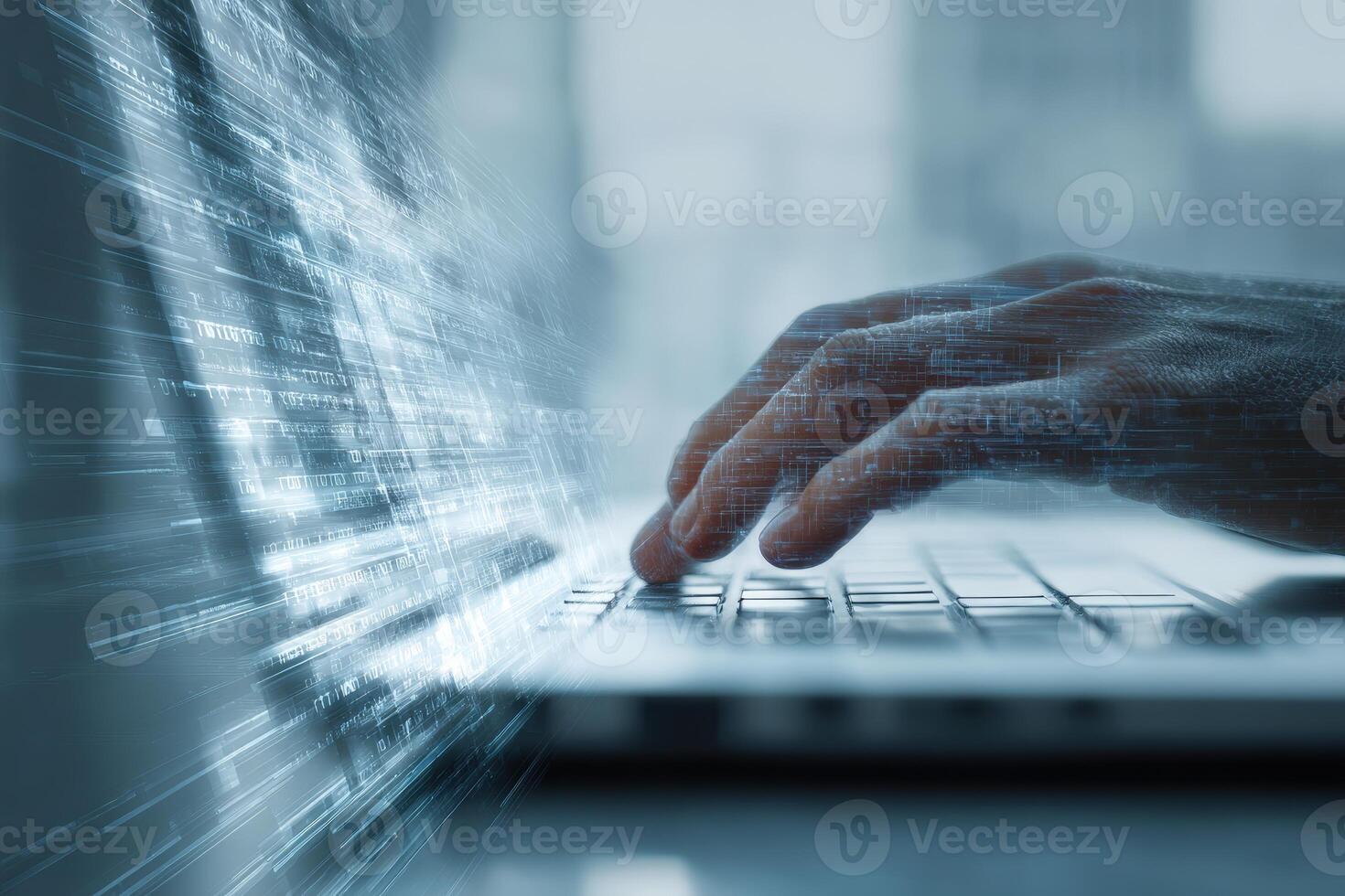 Close-up of hands typing on a laptop with digital data and code overlay photo
