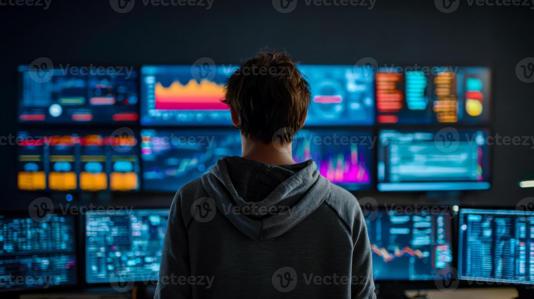 Person analyzing data on multiple digital screens in a high-tech control room photo