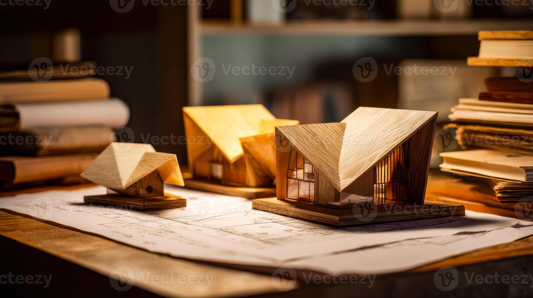 Modern architectural models displayed on blueprints in a creative studio setting photo