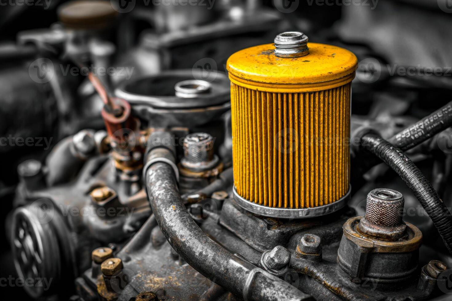 Close-up of an automotive oil filter on a car engine with a selective color effect highlighting the yellow filter element photo