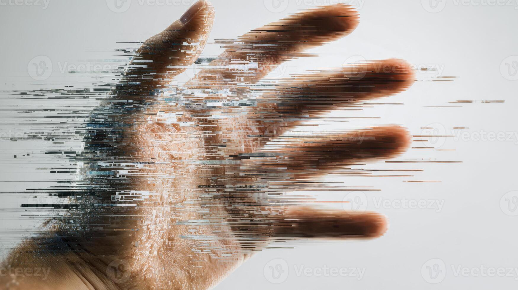 Digital transformation concept with a human hand disintegrating into pixelated fragments symbolizing the merge between physical reality and virtual technology innovation photo