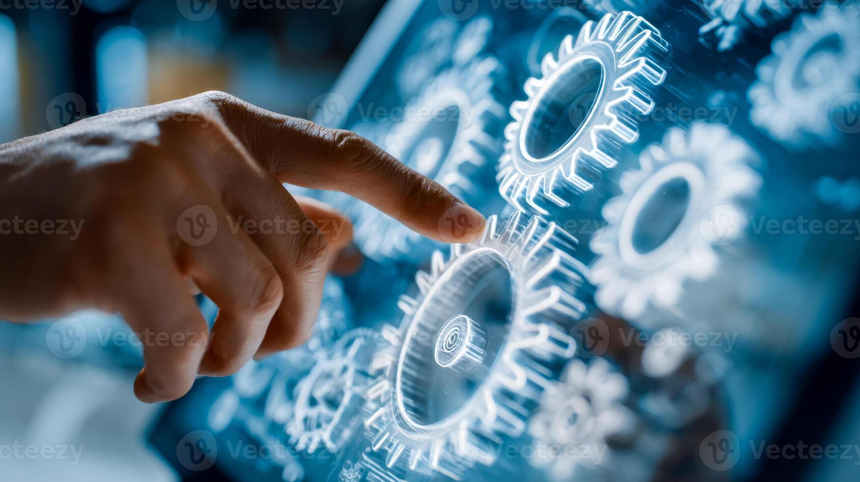Interactive digital interface with interconnected gears and human touch in a high-tech environment photo