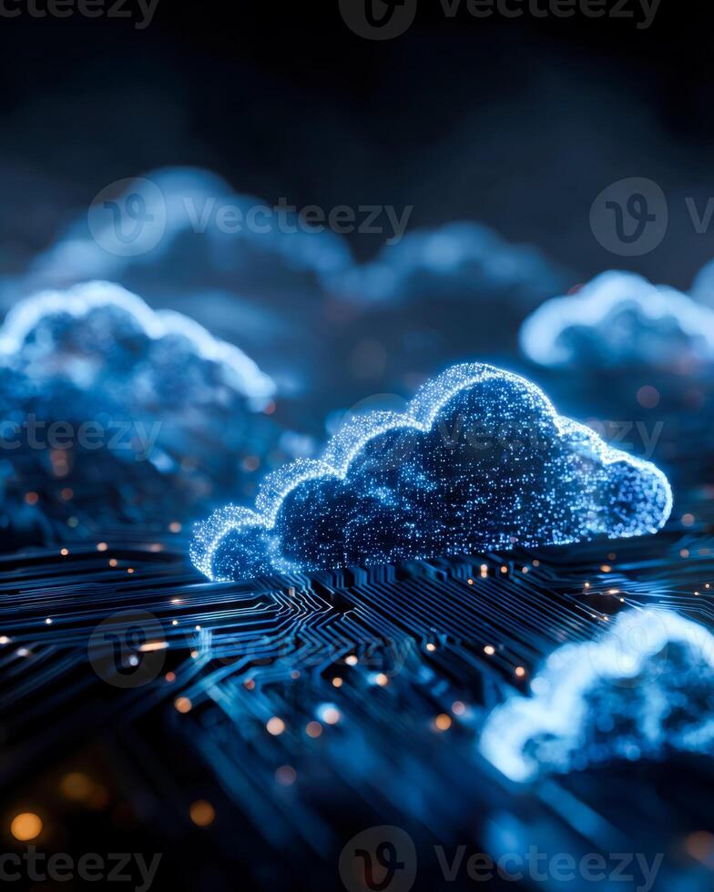 Digital cloud technology with glowing data network and abstract cloud icons on dark background photo