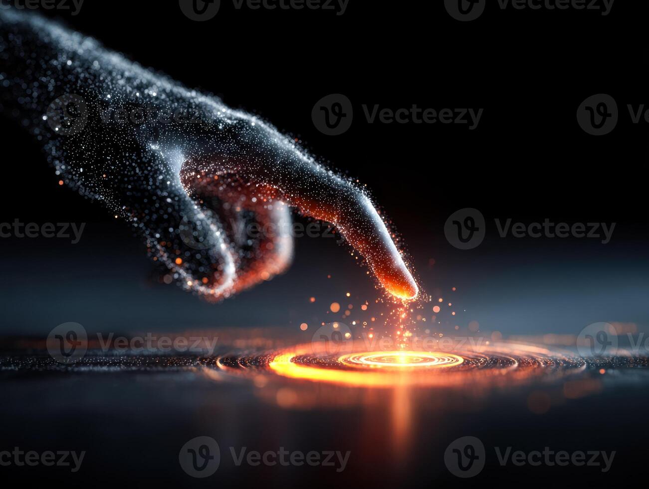 Digital hand interacting with a glowing, futuristic surface with dynamic spark effects photo