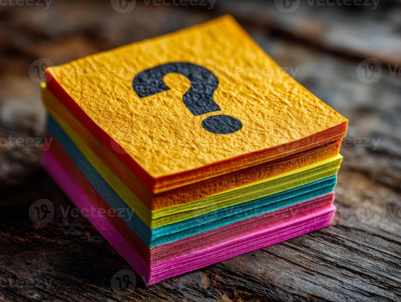 Colorful stack of questioning notes with a large question mark symbol photo