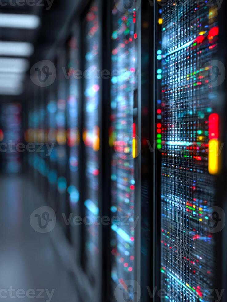 Modern data center with server racks illuminated by colorful led lights photo