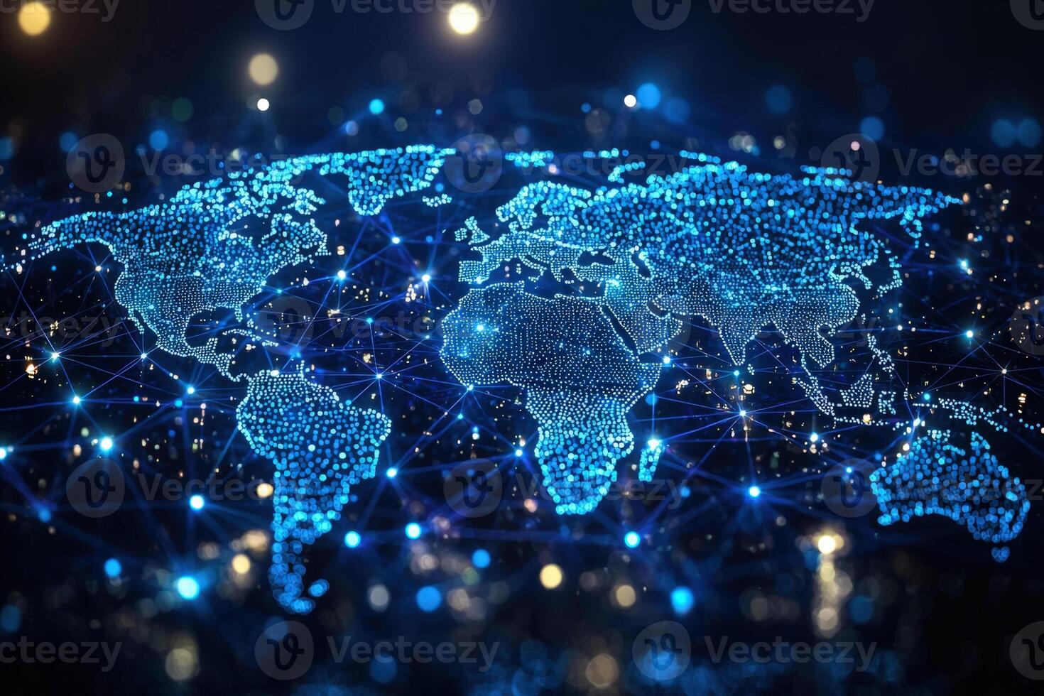 Digital world map with glowing interconnected data points and network lines photo