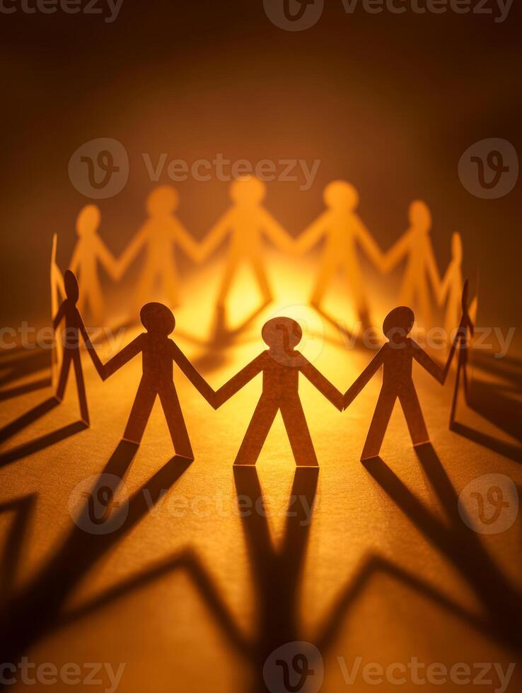 Interconnected paper figure chain illuminated with warm light creating shadows photo