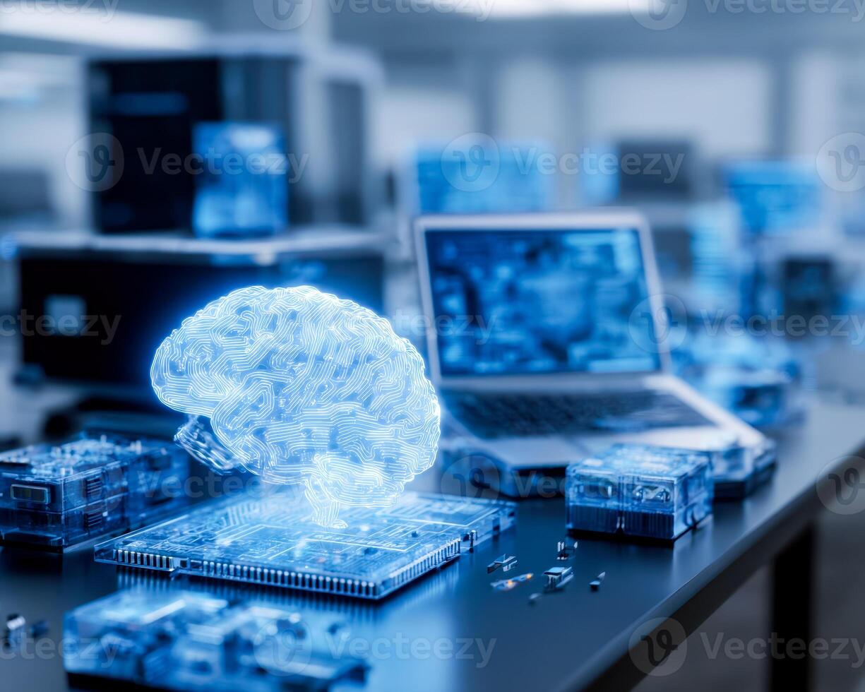 Futuristic artificial intelligence concept with holographic brain and computer hardware on workspace photo