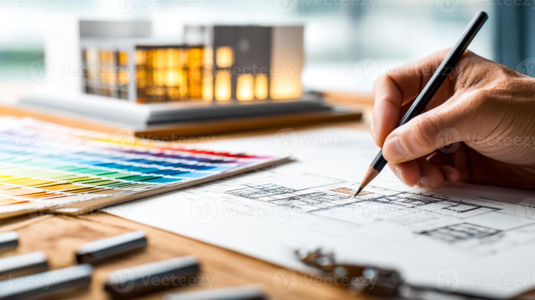 Architectural design planning with color swatches and model in developer's workspace photo