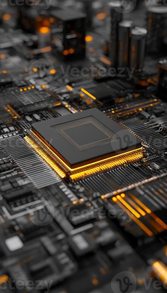 Close-up of a computer processor on a circuit board with glowing orange accents photo