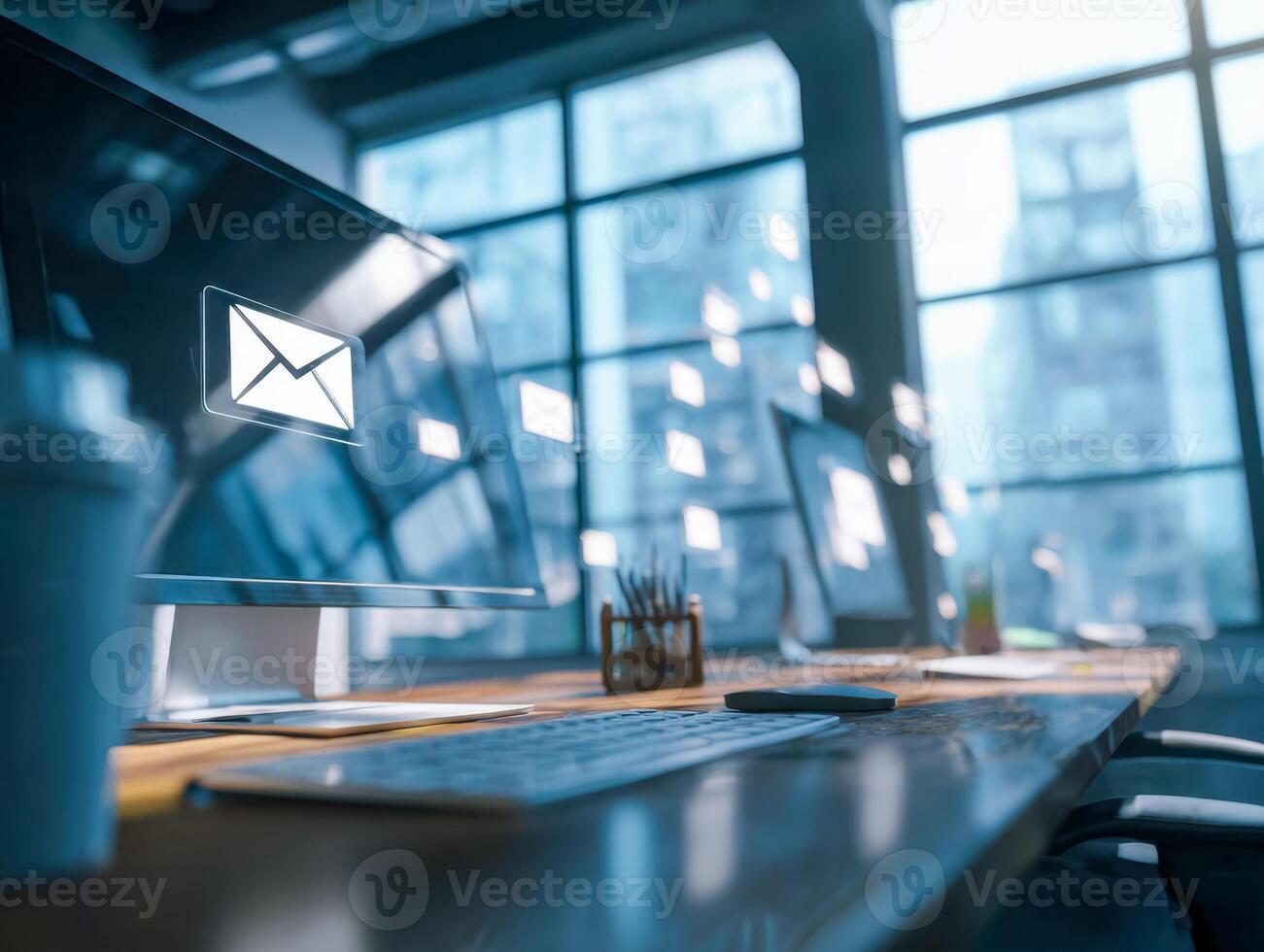 Modern office workspace with multiple computer screens and digital communication icons photo