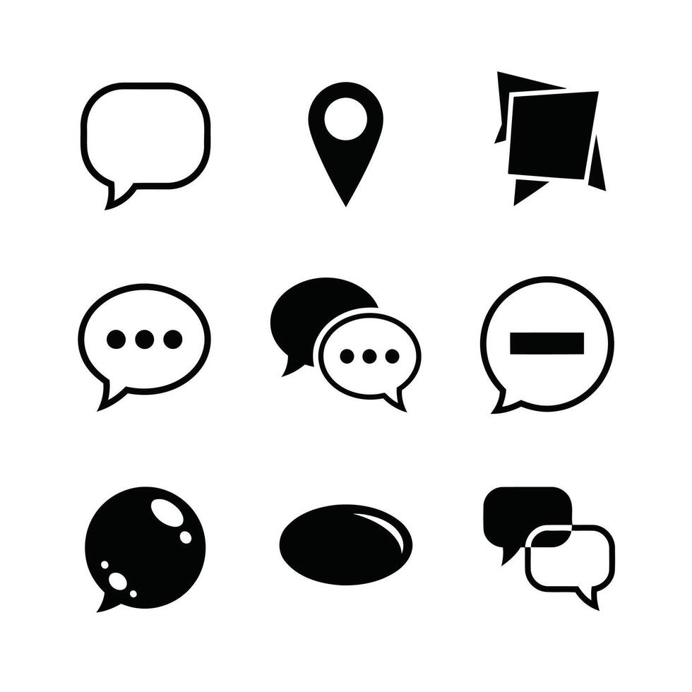 Collection of Stylish Black and White Communication Icons Speech Bubbles, Location Marker, and Notes for Modern Design Projects vector