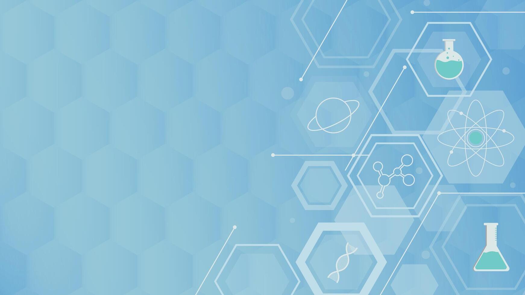 Abstract blue science background featuring hexagons dna atoms molecules and laboratory flasks perfect for education research medical innovation technology and digital projects vector