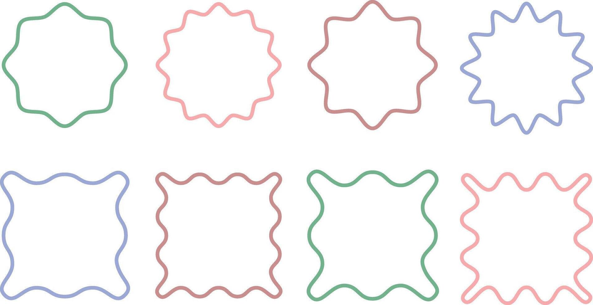wavy frames scallop set colorful. Bright neon badge collection. Starburst scalloped wavy circle frames. Zigzag and colorful Shape vector