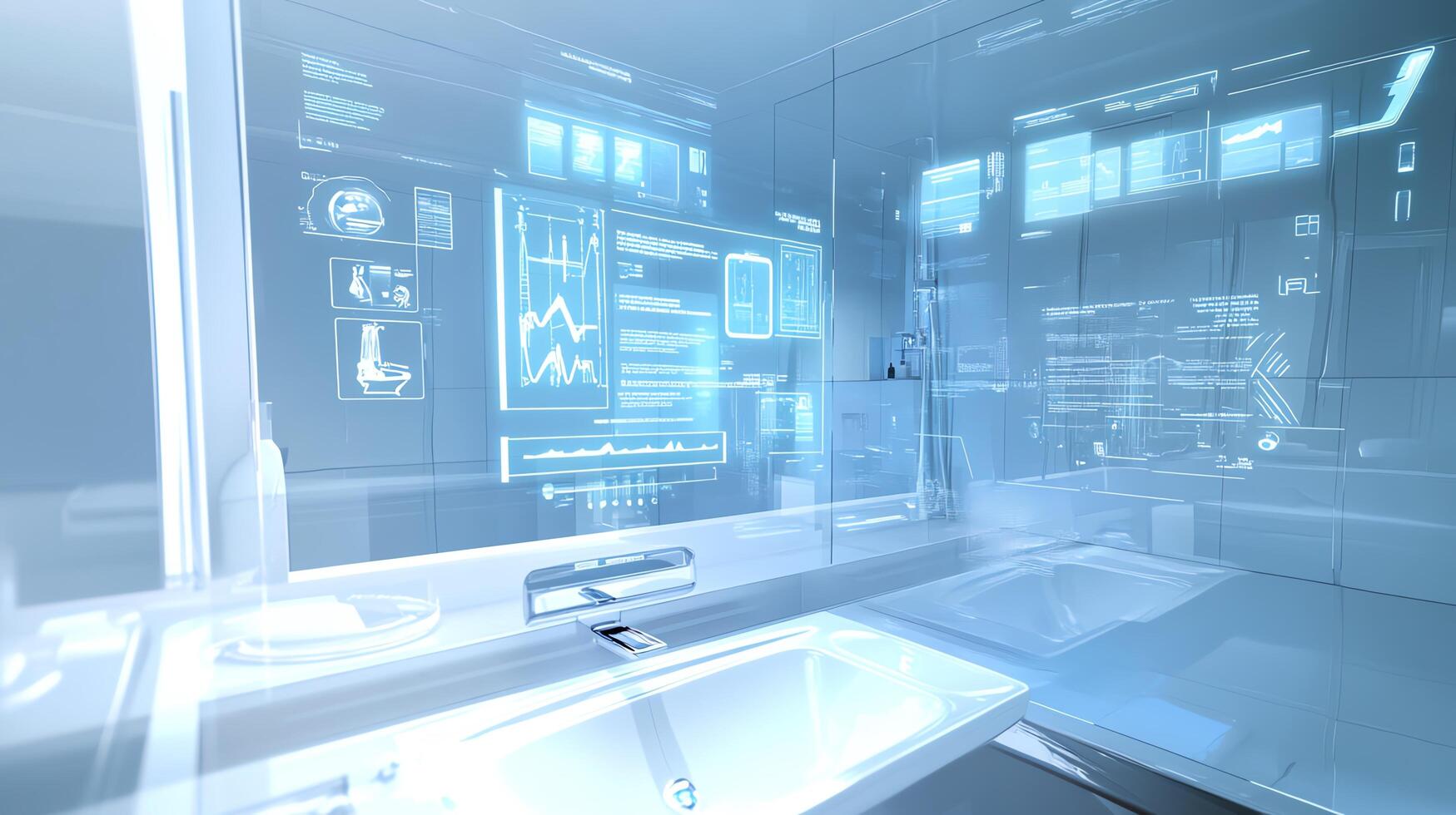 Futuristic digital interface in a modern workspace, showcasing advanced technology and sleek design elements for innovation. photo