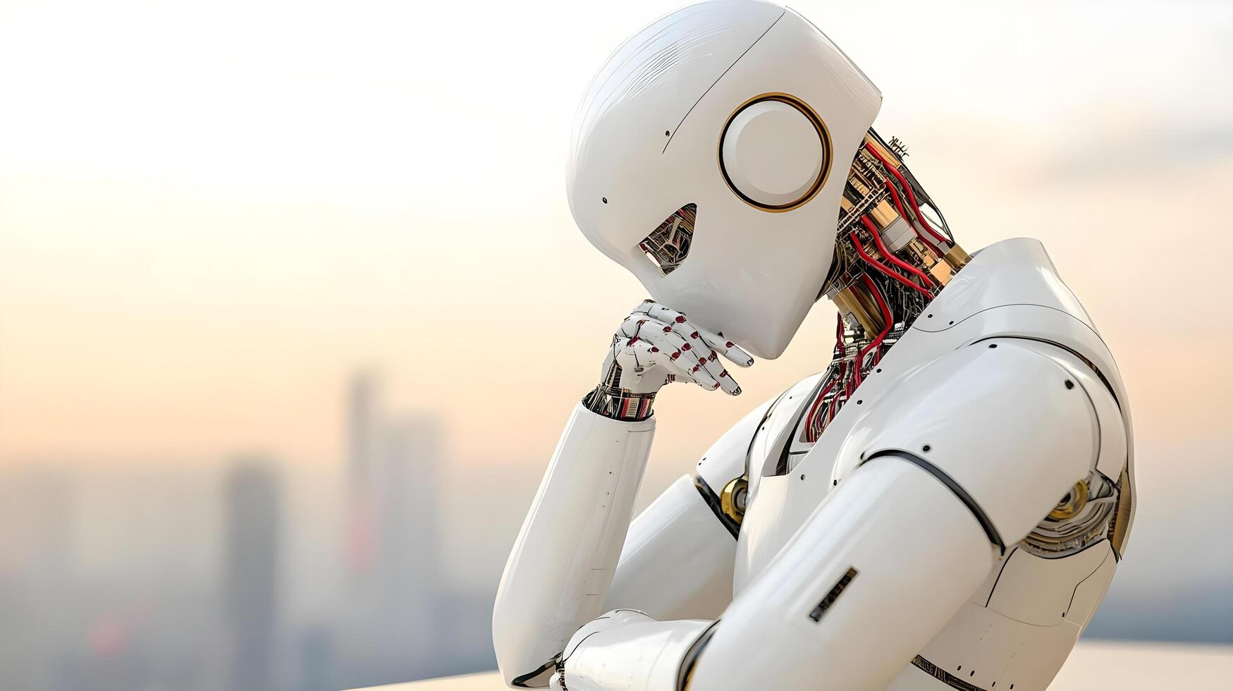 A contemplative robot with intricate details, resting against a serene backdrop, symbolizing technology and introspection. photo